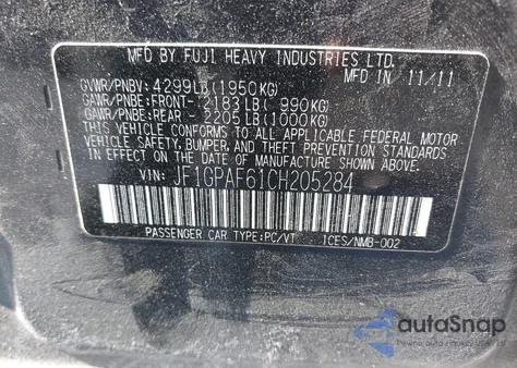 2012 Subaru Impreza 2.0I Premium из США, поврежденный, VIN JF1GPAF61CH205284